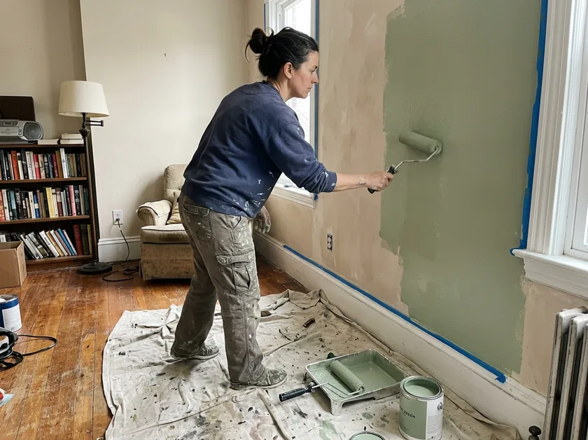 Woman rolling paint onto a living room wall